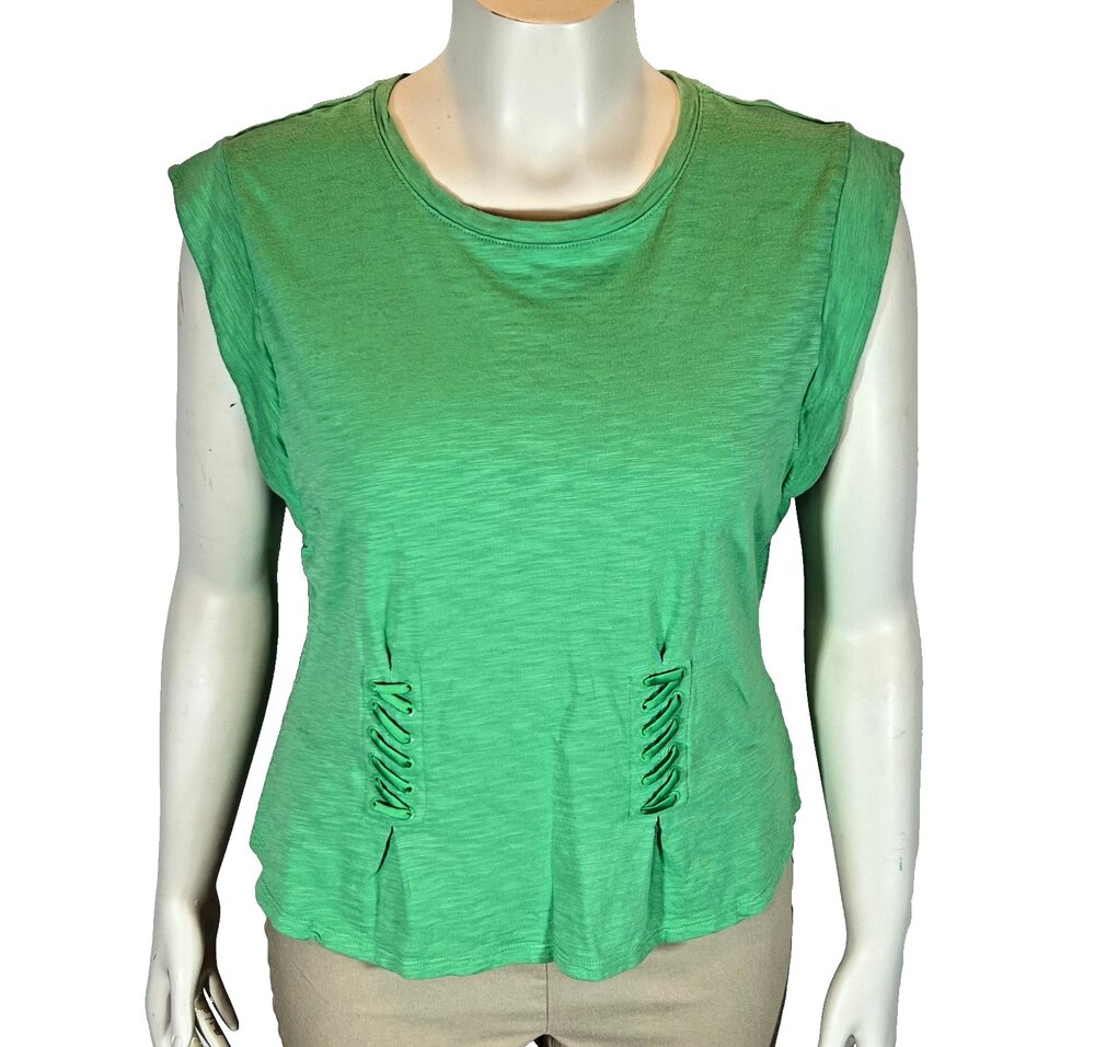 WHBM Cap Sleeve Blouse Womens XL Green Renaissance Double Laced Waist Cott/Modal
